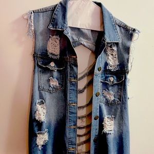 Denim Button Down Sleeveless Jacket, Long